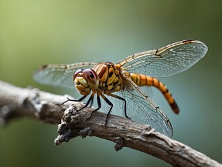 A dragonfly resting on a twig, with a focus on its wings' delicate structure and patterns in a macro shot