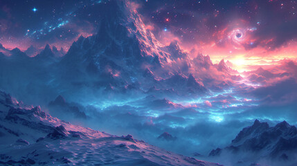 Mountain landscape under a starry, colorful sky creates a breathtaking and fantastical scene.
