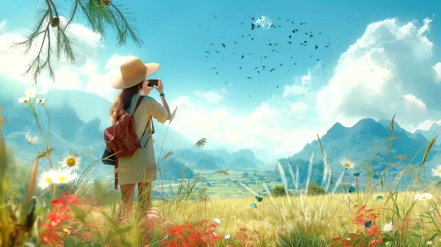 girl in field taking picture. Seamless looping time-lapse 4k video animation background