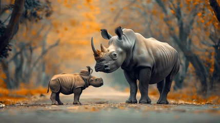 Rolgordijnen A mother rhino and her baby stand on a path in a golden forest, a tender moment in nature © weerasak