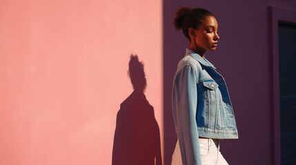 Woman in denim jacket poses in front of pink and purple wall