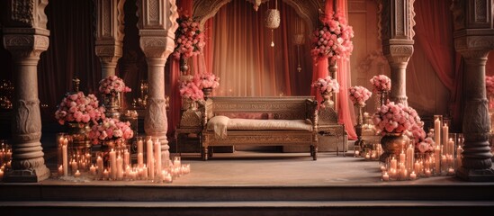 A stage is adorned with a beautiful setup featuring candles and flowers, creating a stunning ambiance for an Indian wedding ceremony.