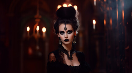 a woman dressed as a vampire is standing in a dark room with candles