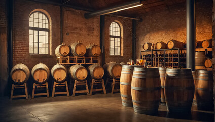 barrels in an old brewery selection - obrazy, fototapety, plakaty