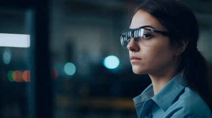 A woman in safety glasses is focused on a computer screen