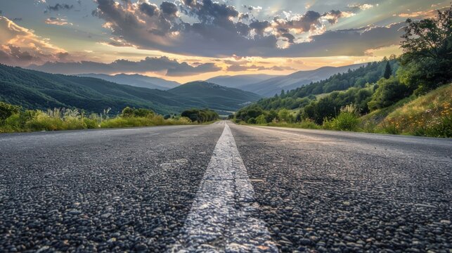 Beautiful view of empty asphalt road in mountains at sunset. Generate AI image