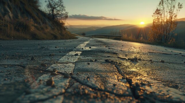 Beautiful view of empty asphalt road in mountains at sunset. Generate AI image