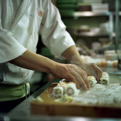 main d'un chef cuisinier qui confectionne des sushis - obrazy, fototapety, plakaty