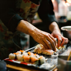 main d'un chef qui prépare des sushis - obrazy, fototapety, plakaty