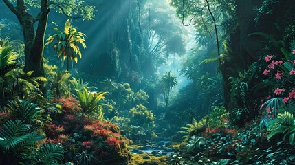 Beautiful fantasy tropical forest nature landscape.