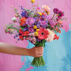 a hand holding a purple floral bouquet on pink isolated background, advertising, bold color, artificial, isolated, cutout, png