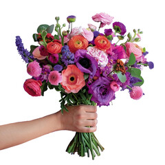 a hand holding a purple floral bouquet on pink isolated background, advertising, bold color, artificial, isolated, cutout, png