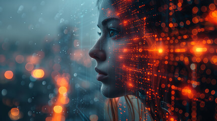 Woman’s Face With Glowing Digital Data Overlay and City Background, Symbolizing Artificial Intelligence, Neural Networks, and Future Tech