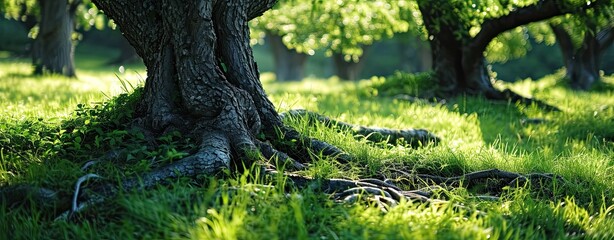 Trees root in green grass