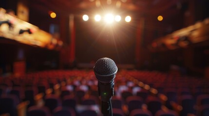 A single microphone on a stand on a blurred background of an auditorium. Generate AI image