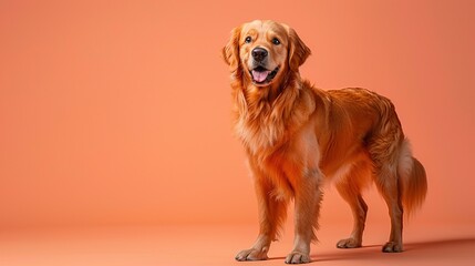 Loyal golden retriever with wagging tail and friendly expression standing against a soft peach background