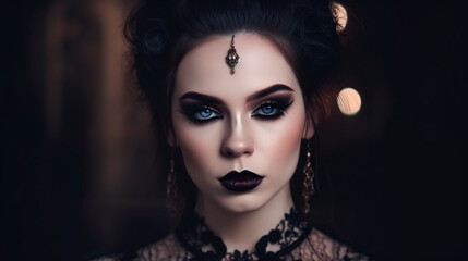 Woman with bold makeup and a crown gazes into the camera