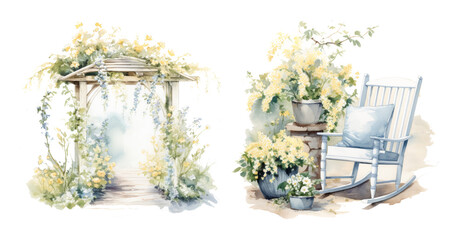 Watercolor Garden Arch and Rocking Chair