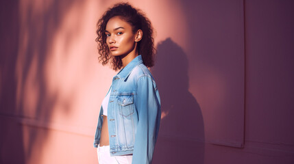A woman in a denim jacket stands against a wall in electric blue