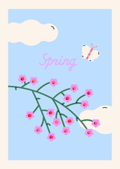 Spring card with blue sky, flowers and butterfly