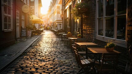 The warm glow of sunrise bathes a quiet cobblestone street with outdoor café seating in golden...
