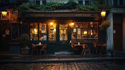 The warm glow of sunrise bathes a quiet cobblestone street with outdoor café seating in golden...