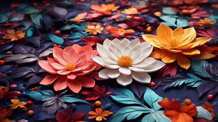 3d render abstract colorful flowers on dark background.