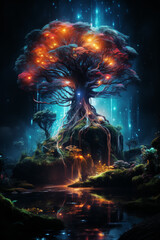 Mystical Tree with Cosmic Lights in a Fantasy Landscape

