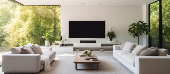 Fototapeta premium This modern living room features comfortable white couches with a flat screen TV mounted on the white wall next to a window. The spacious room exudes a clean and contemporary ambiance.