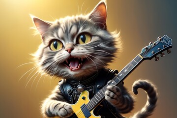 Musician cat plays the guitar and sings.