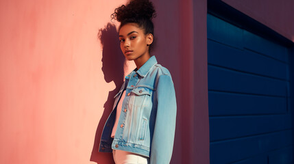 Woman in denim jacket posing against magenta wall, showcasing fashion design