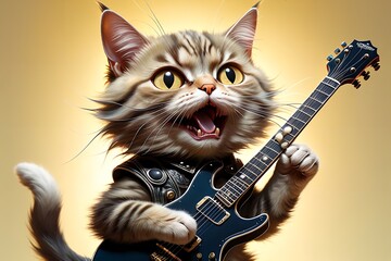 Musician cat plays the guitar and sings.