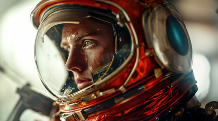 Fototapeta premium Detailed Close-up Portrait of Astronaut's Martian Helmet: Stunning Space Exploration Image created with Generative AI technology
