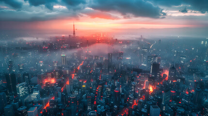 Aerial View of a City at Twilight, Skyscrapers and Urban Skyline Against the Sunset, Panoramic...
