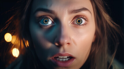 a close up of a woman s face with a surprised look on her face