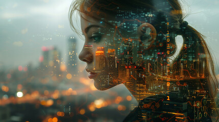Double Exposure of Woman’s Face and Illuminated Futuristic Cityscape, Representing Artificial Intelligence, Urban Innovation, and Technology