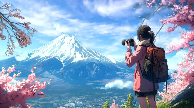 Illustration of female photographer taking picture Fuji mountain. Seamless looping time-lapse 4k video animation background