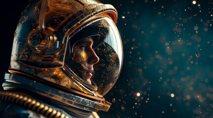 Close-up of Mars astronaut helmet, futuristic spaceman portrait with reflective visor, detailed space explorer image created with Generative AI technology