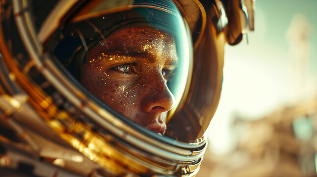 Close-up Portrait of an Astronaut's Mars Helmet, Futuristic Space Explorer Gear - created with Generative AI technology