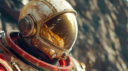 Cosmic Explorer: Intense Close-up of Astronaut's Mars Helmet with Visor Reflection in Space Suit, created with Generative AI technology - obrazy, fototapety, plakaty