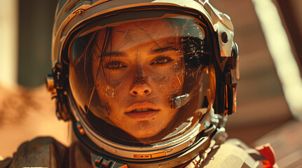 Fototapeta premium Cosmic Explorer in Astral Suit and Mars Helmet Close-Up Portrait, with Space Man Gear, created with Generative AI technology