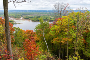 above mississippi river and woodlands viewed from great river bluffs state park in driftless region of southeastern minnesota