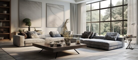 A light-filled living room with multiple grey sofas and a coffee table, all arranged neatly near a generously sized window. The room is filled with various pieces of furniture,