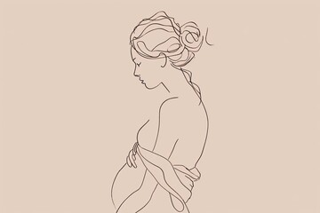 A minimalist line drawing of a pregnant woman's silhouette with her hands wrapped around her belly, evoking feelings of maternal warmth and protection