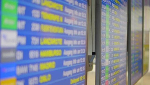 Airport flight information display system with departure details in 4k slow motion 120fps