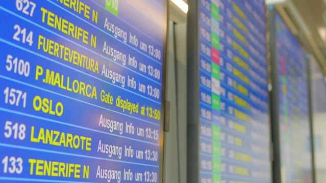 Airport flight information display system with departure details in 4k slow motion 120fps