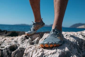 Protective swimming shoes on men's feet.  Close-up. Men's feet in stylish sports water slippers on the rocky seashore.