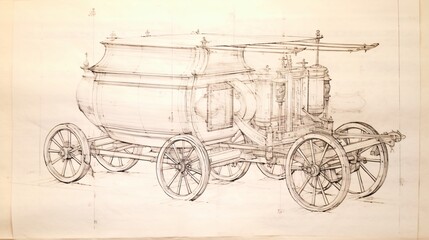 Fototapeta na wymiar Abstract drawing depicts ancient vehicle. Technical sketch unveils old machinery.