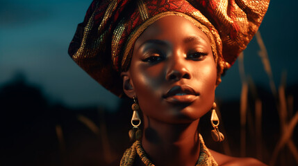 a close up of a woman wearing a turban and earrings