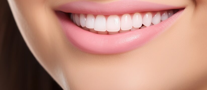 A close-up view of a womans mouth showcasing her white, healthy teeth and bright pink lips. The image captures a smile that conveys happiness, confidence, and impeccable dental care.